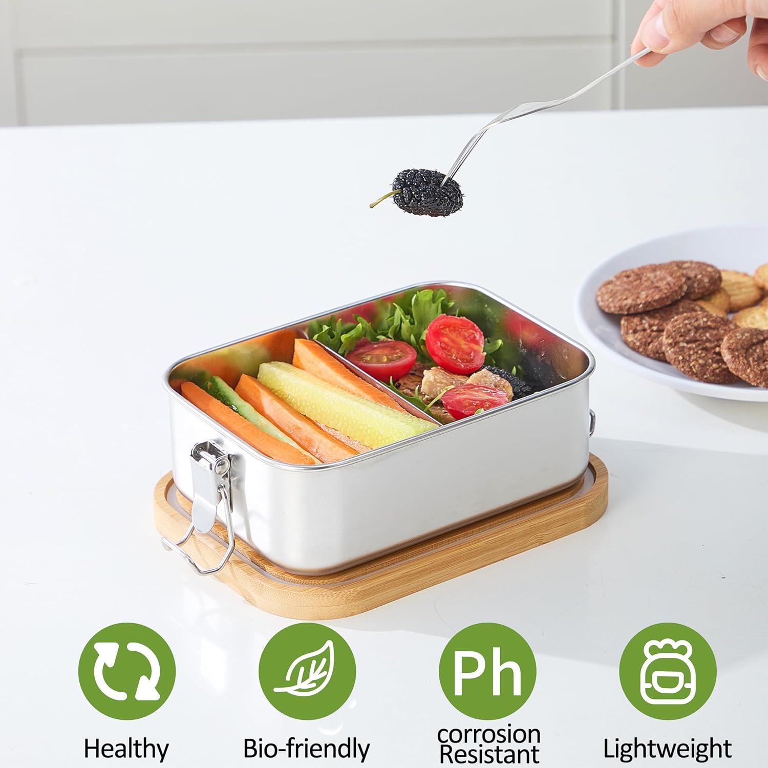 Caja Bento Acero Inoxidable 304 FATEM 850 ML con Tapa de Bambú