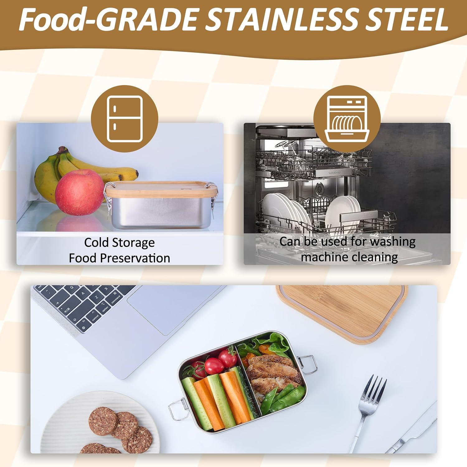 Caja Bento Acero Inoxidable 304 FATEM 850 ML con Tapa de Bambú