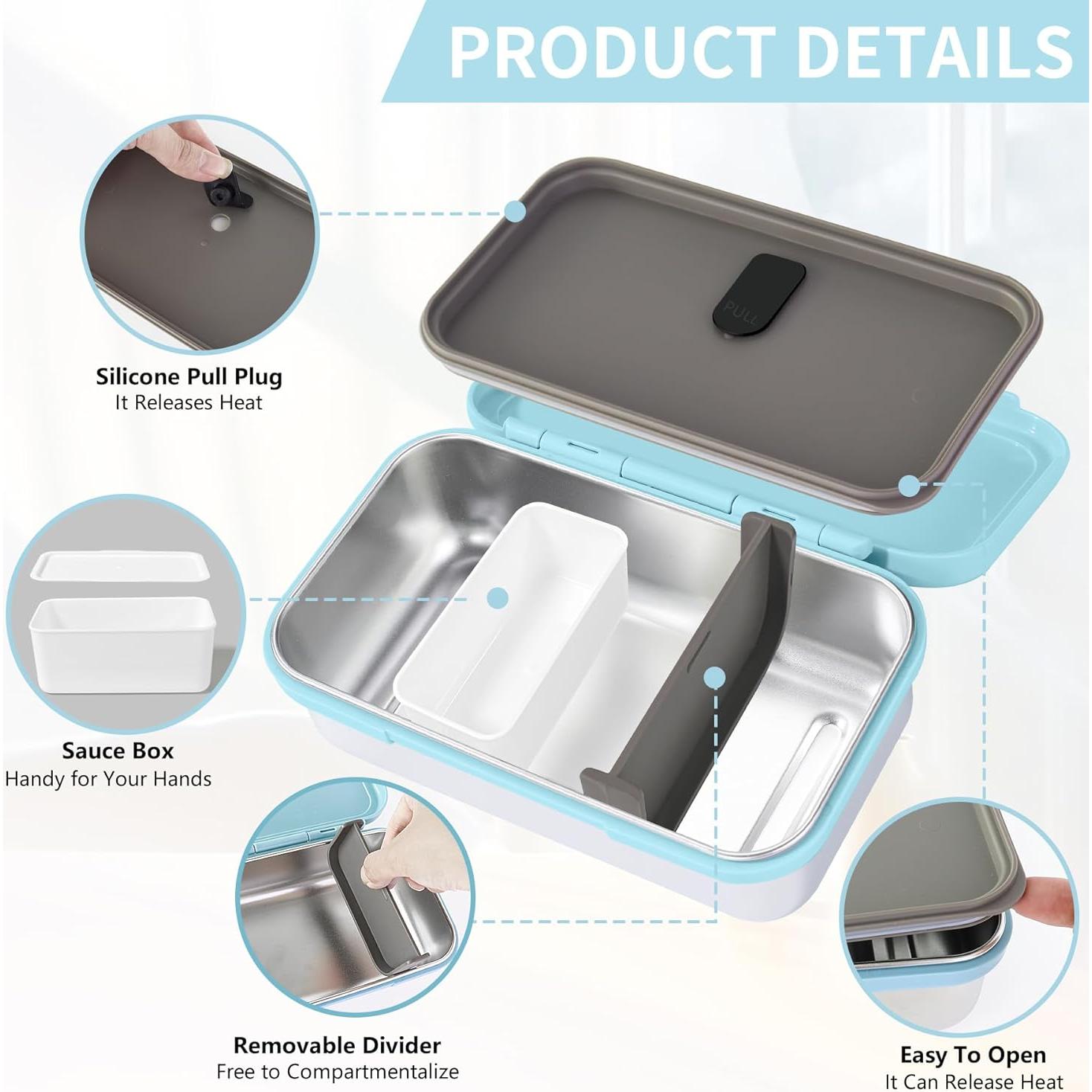 Caja Bento Acero Inoxidable Finorder Azul Cielo 33 oz con Divisor