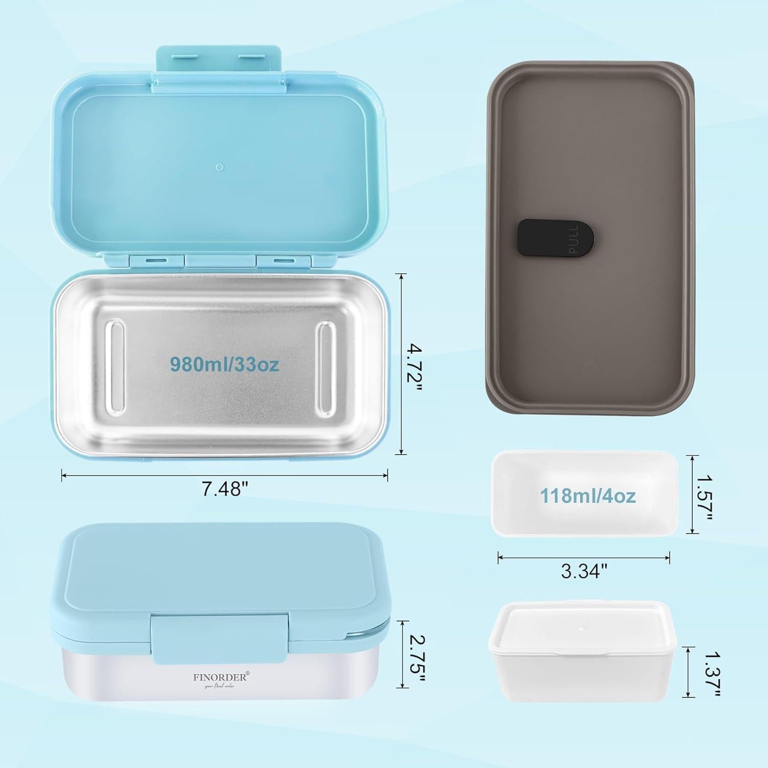 Caja Bento Acero Inoxidable Finorder Azul Cielo 33 oz con Divisor
