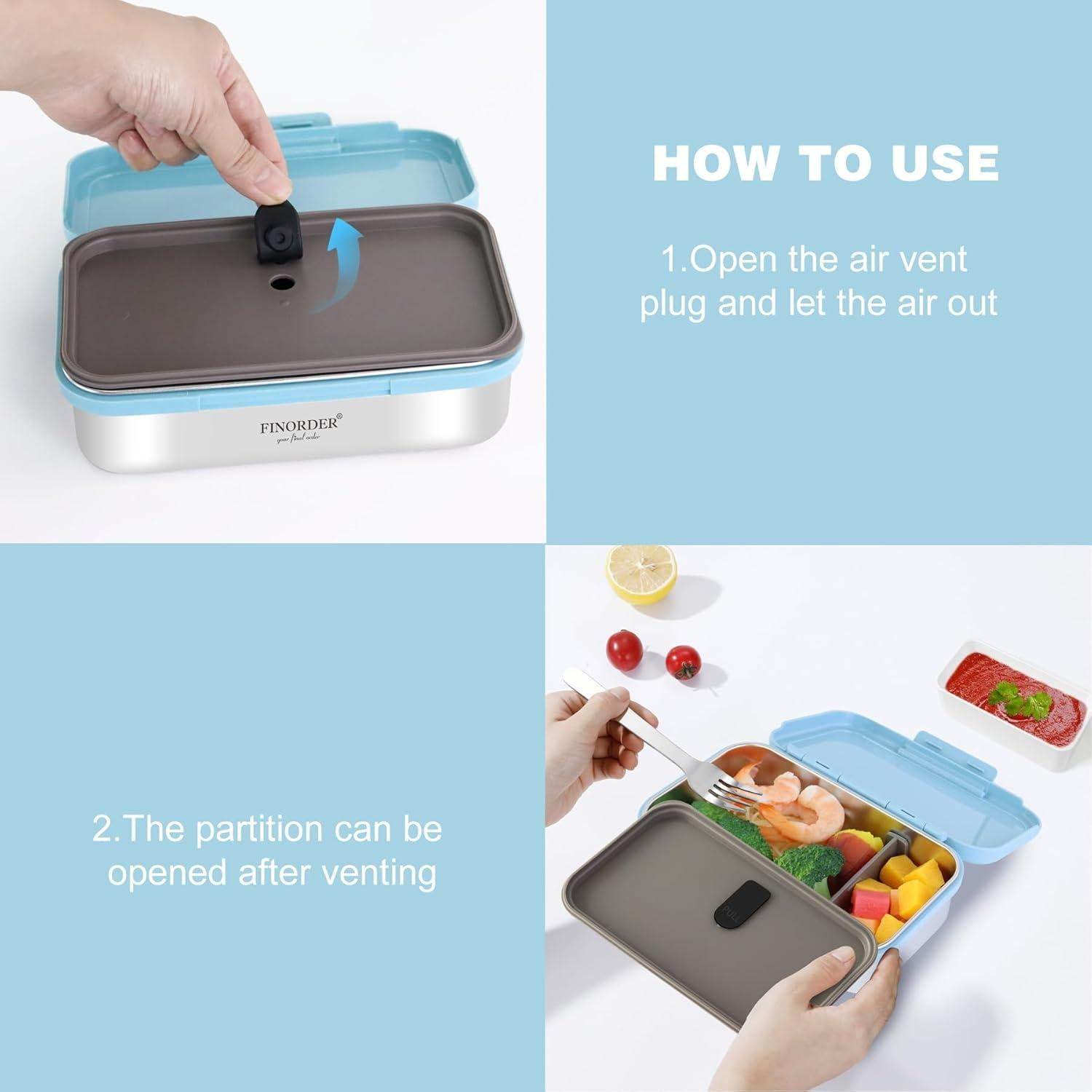 Caja Bento Acero Inoxidable Finorder Azul Cielo 33 oz con Divisor