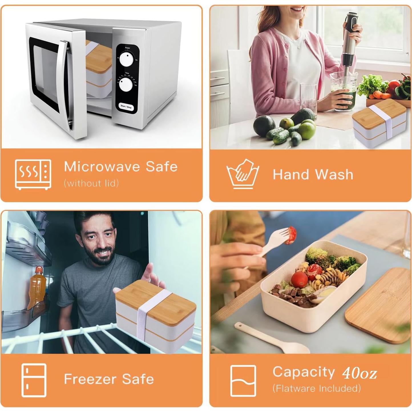 Caja Bento de Bambú Japonés Beige con Compartimentos y Bolsa