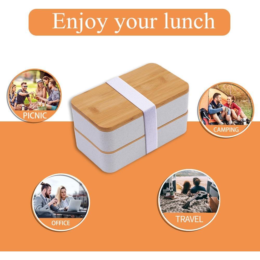 Caja Bento de Bambú Japonés Beige con Compartimentos y Bolsa