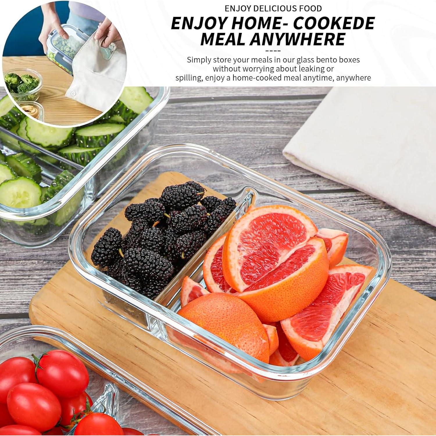 10 Contenedores de Vidrio KOMUEE 30oz con 2 Compartimentos