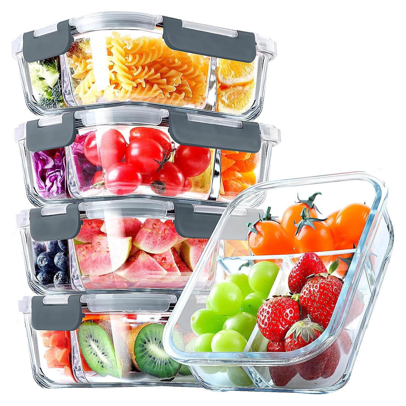 Contenedores de Vidrio VERONES 5 Piezas 36oz 3 Compartimentos