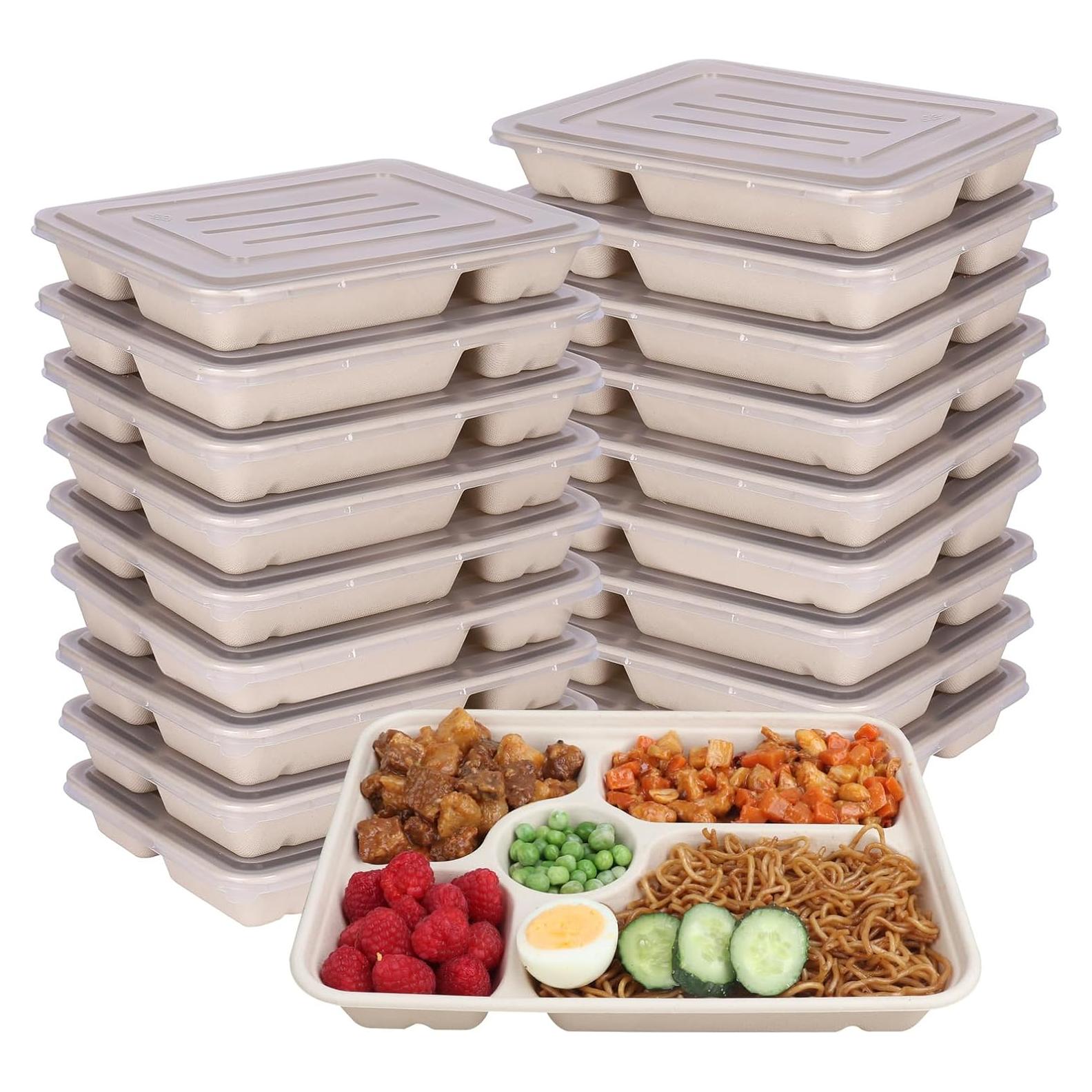 Platos desechables de fibra de caña 40 oz 5 compartimentos 25 unidades