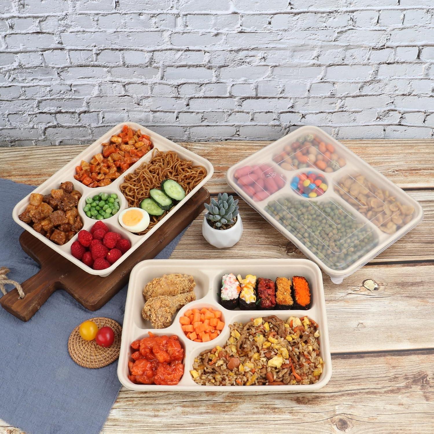 Platos desechables de fibra de caña 40 oz 5 compartimentos 25 unidades