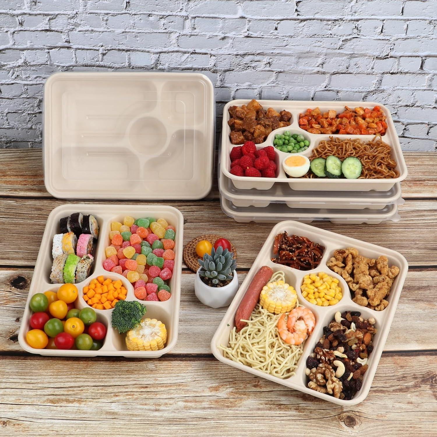 Platos desechables de fibra de caña 40 oz 5 compartimentos 25 unidades