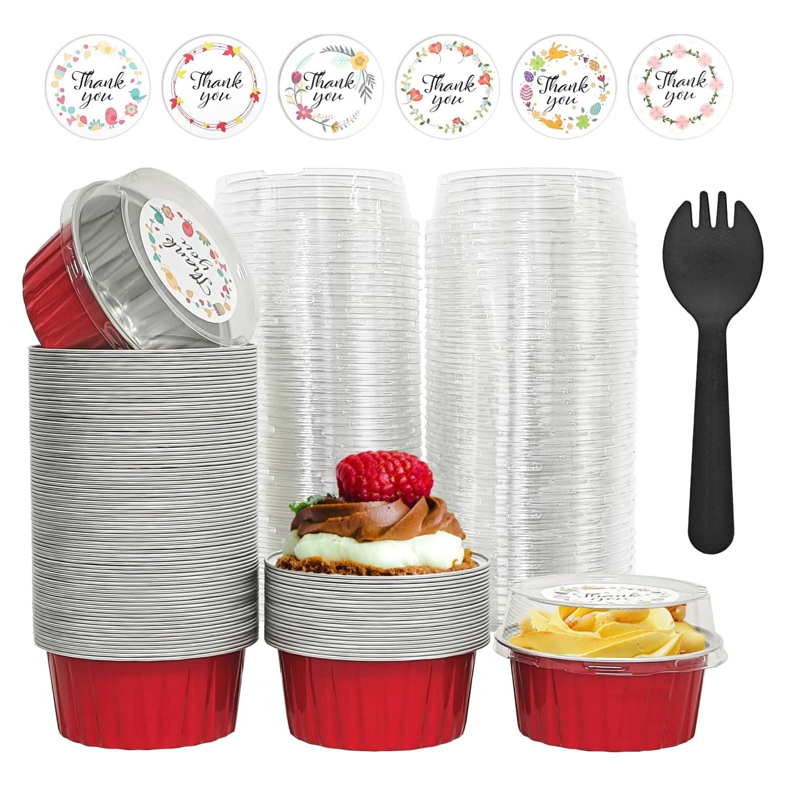 100 Moldes de Hornear de Aluminio QZV 5oz con Tapas - Rojo