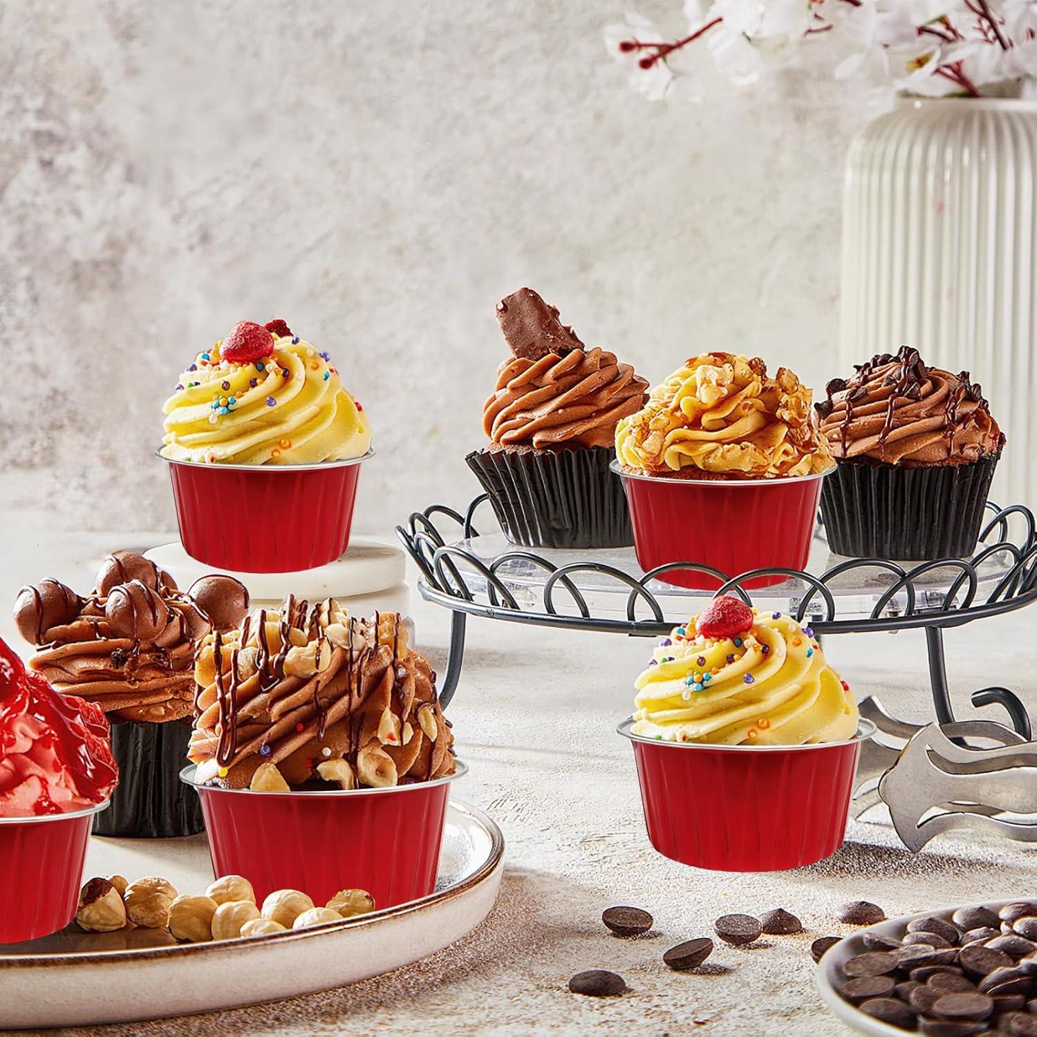 100 Moldes de Hornear de Aluminio QZV 5oz con Tapas - Rojo