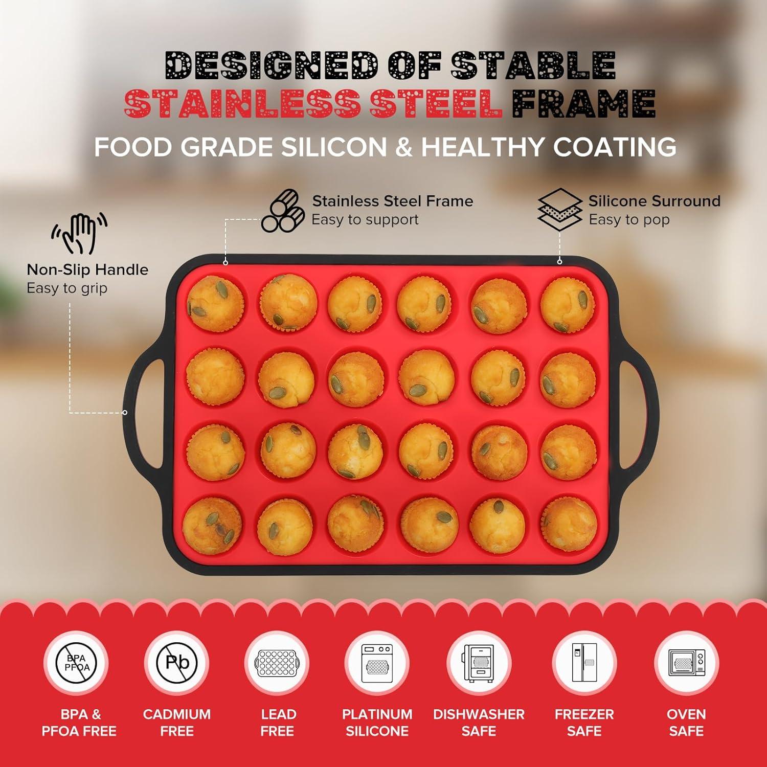 Molde de Silicona para Mini Muffins Datunsu 24 Tazas Rojo