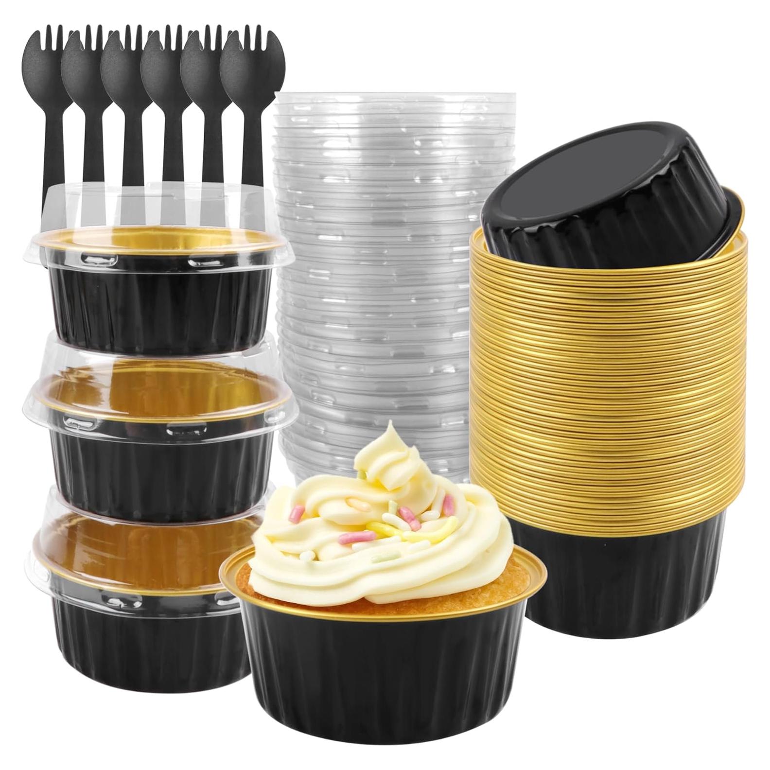 Tazas de Hornear de Aluminio Tikxlafe 5 oz con Tapas - Paquete 50