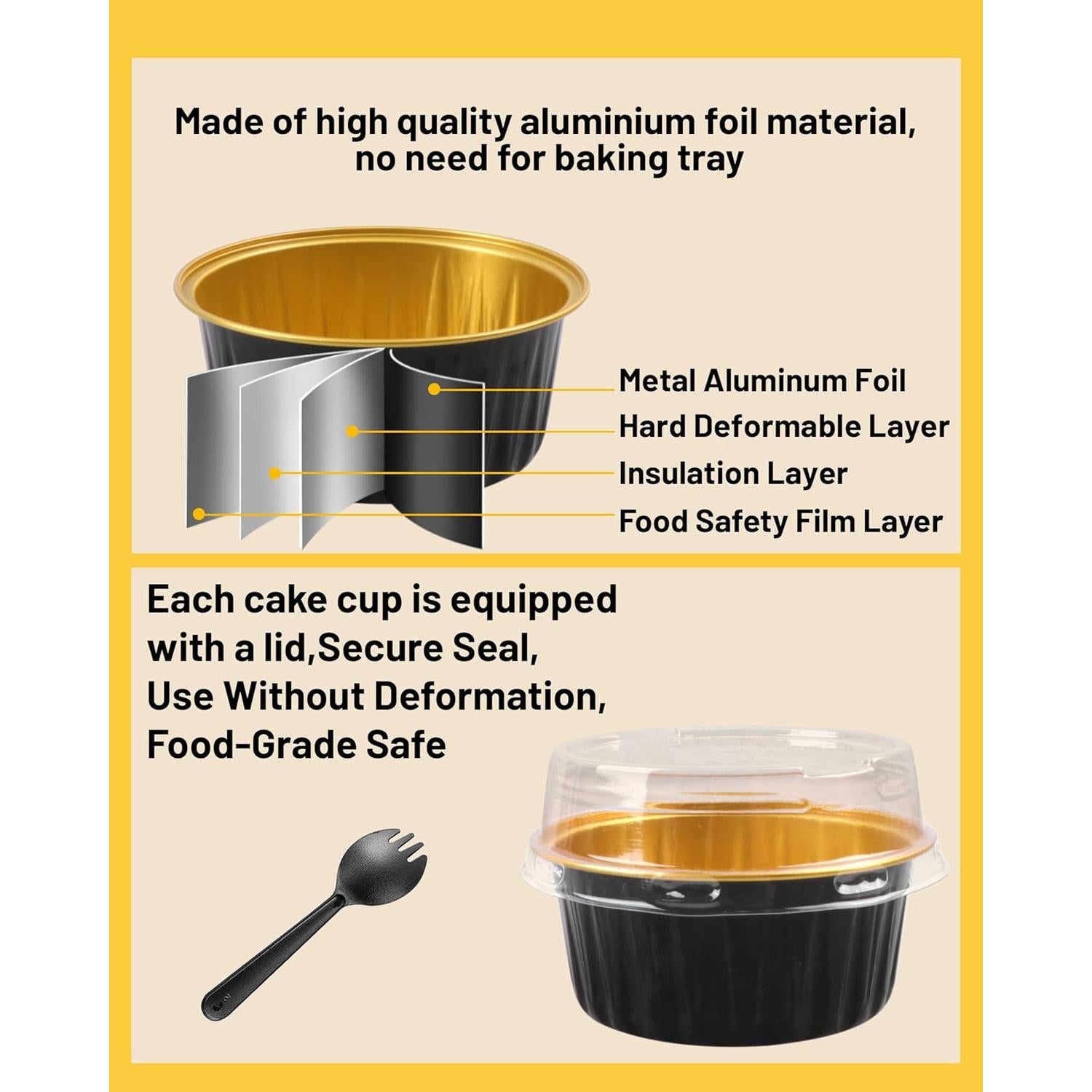 Tazas de Hornear de Aluminio Tikxlafe 5 oz con Tapas - Paquete 50