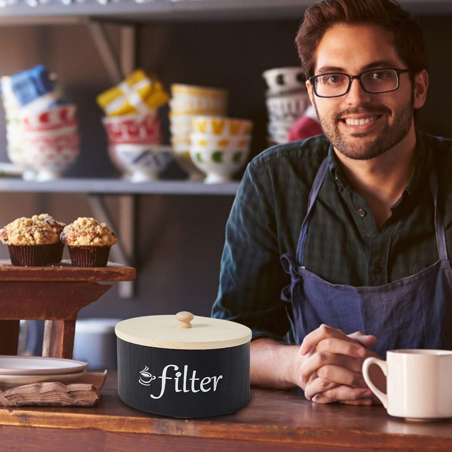 Soporte para Filtros de Café de Madera Negro con Tapa