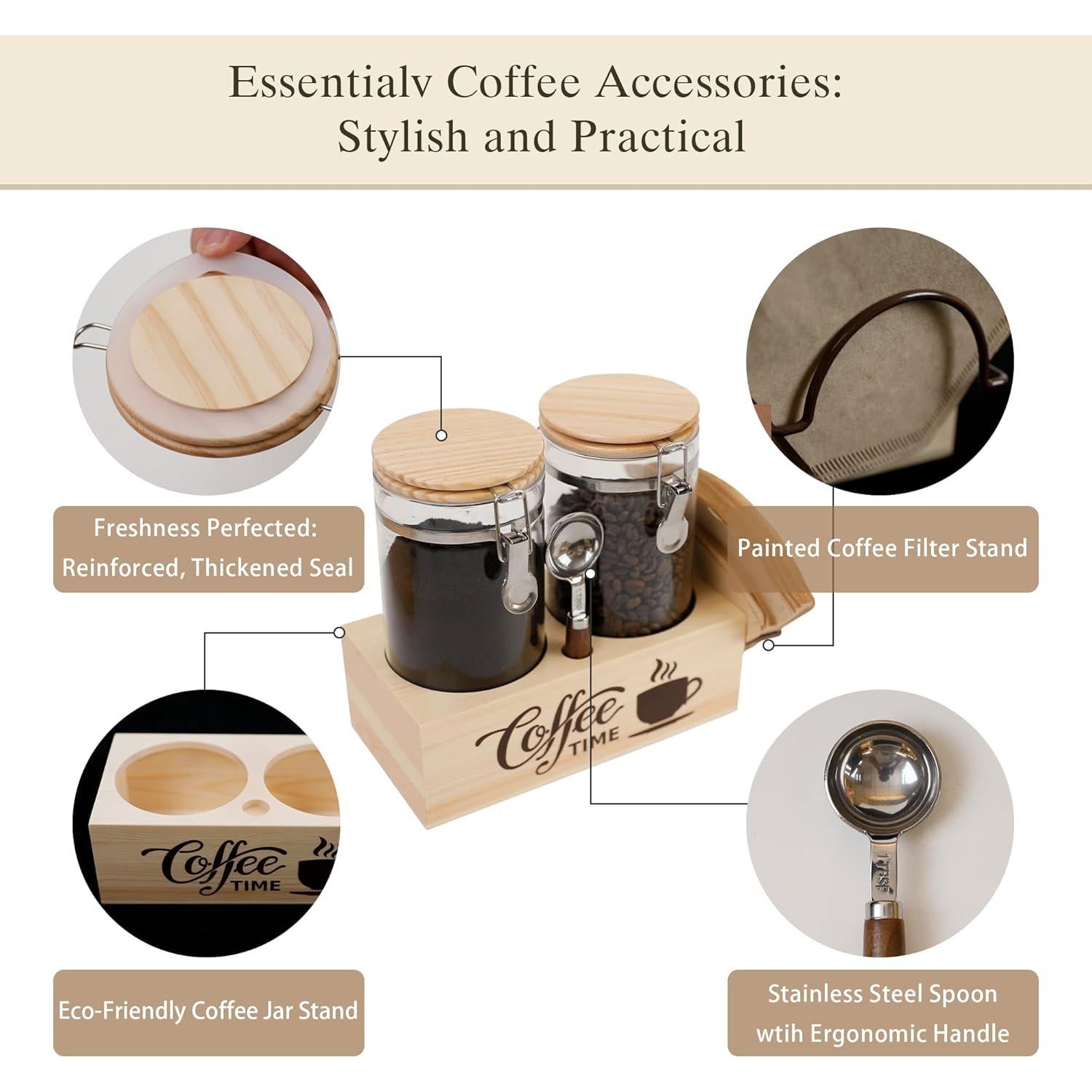 Juego de tarros de café de vidrio EQEY con estante y cuchara