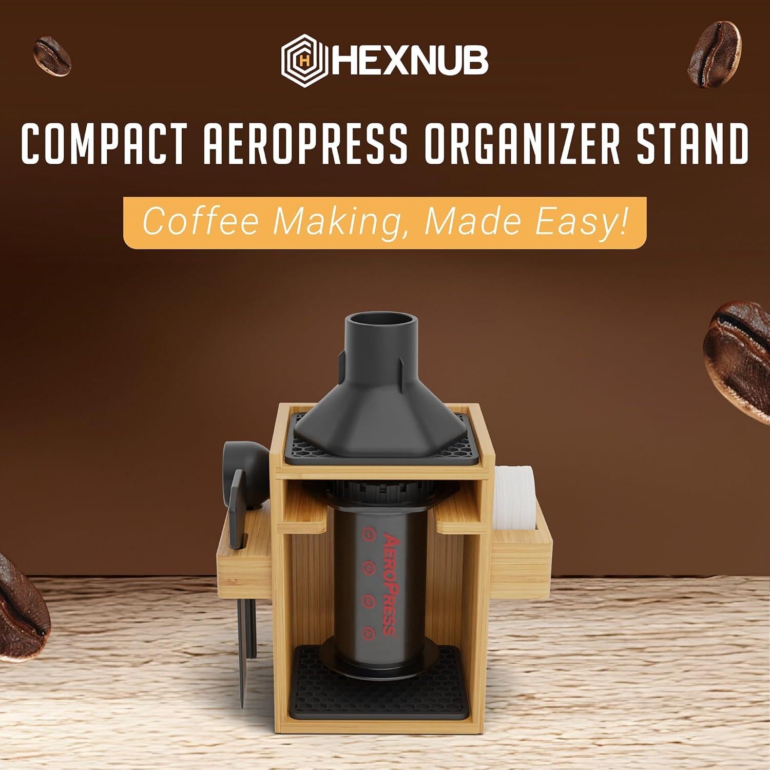 Soporte Organizador AeroPress HEXNUB - Caddy de Bambú 21.8x19.8cm