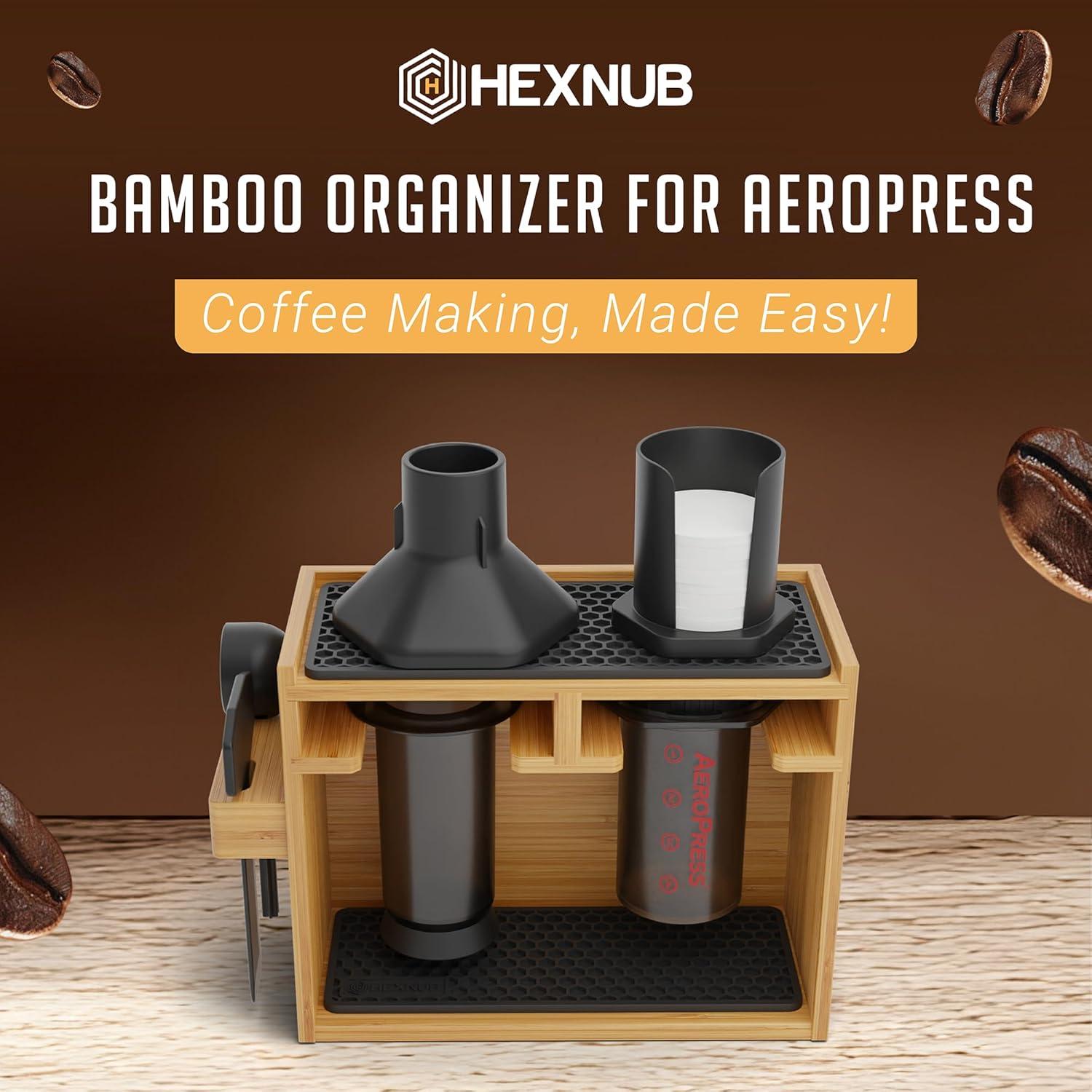 Organizador de Bambú HEXNUB para AeroPress con Alfombrillas Negras