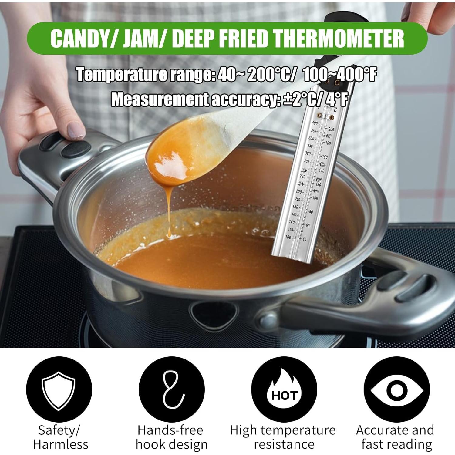 2Pcs Candy Thermometer with Pot Clip, New Stainless Steel Deep Fry Oil Thermometer Instant Read Cooking Thermometer with Hanging Hook, Oil/Candy/Fry/Jam/Sugar/Syrup/Jelly Food Thermometer for Cooking