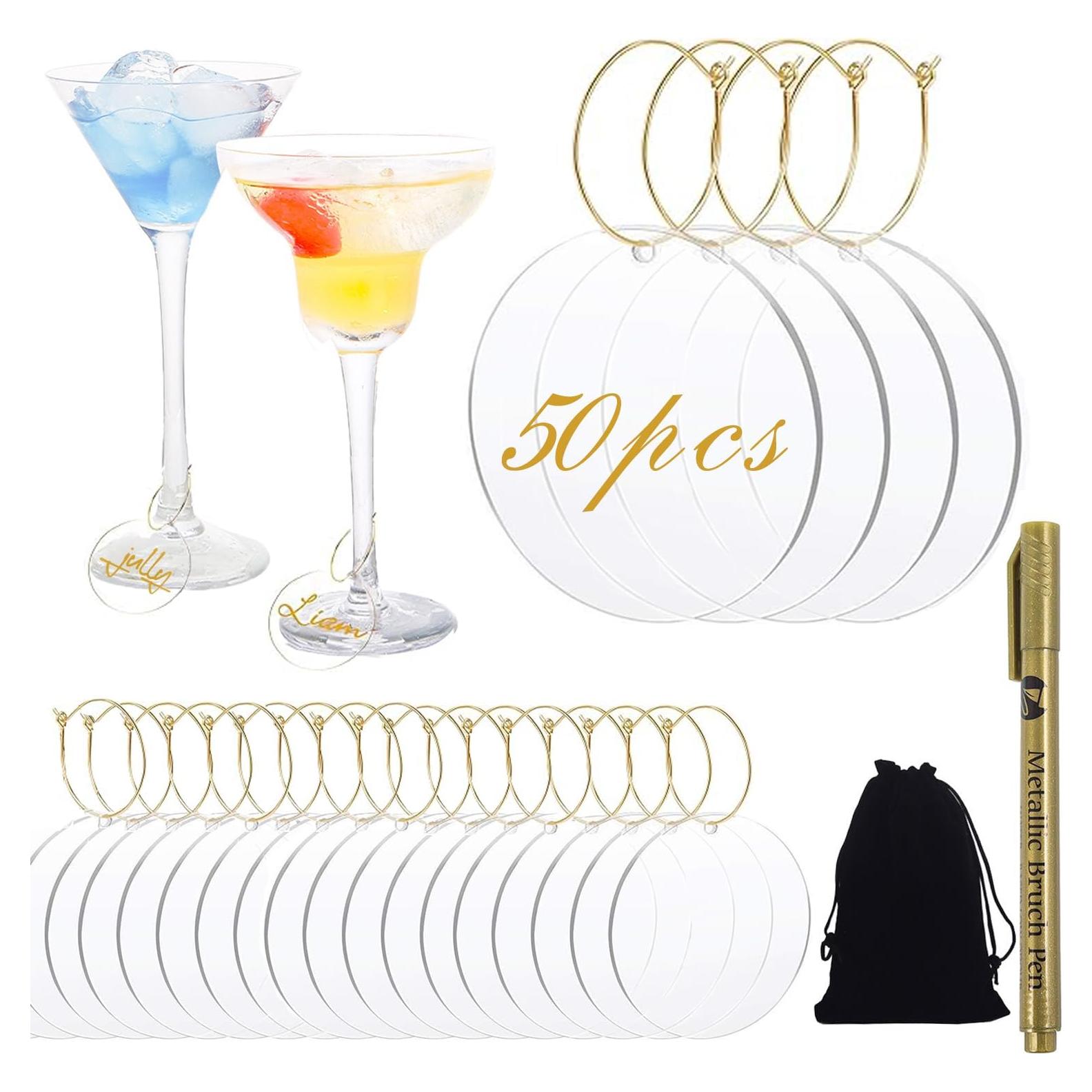 50 Marcadores de Copas de Vino Acrílicos Reutilizables con Bolígrafos