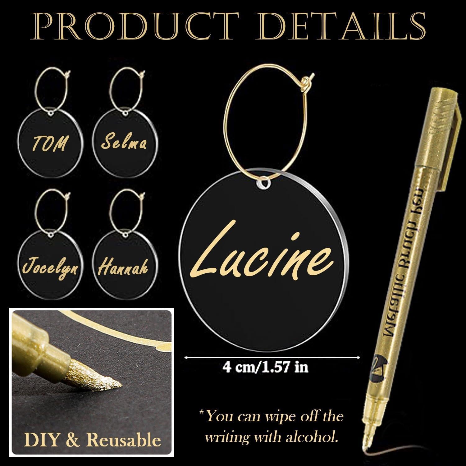 50 Marcadores de Copas de Vino Acrílicos Reutilizables con Bolígrafos