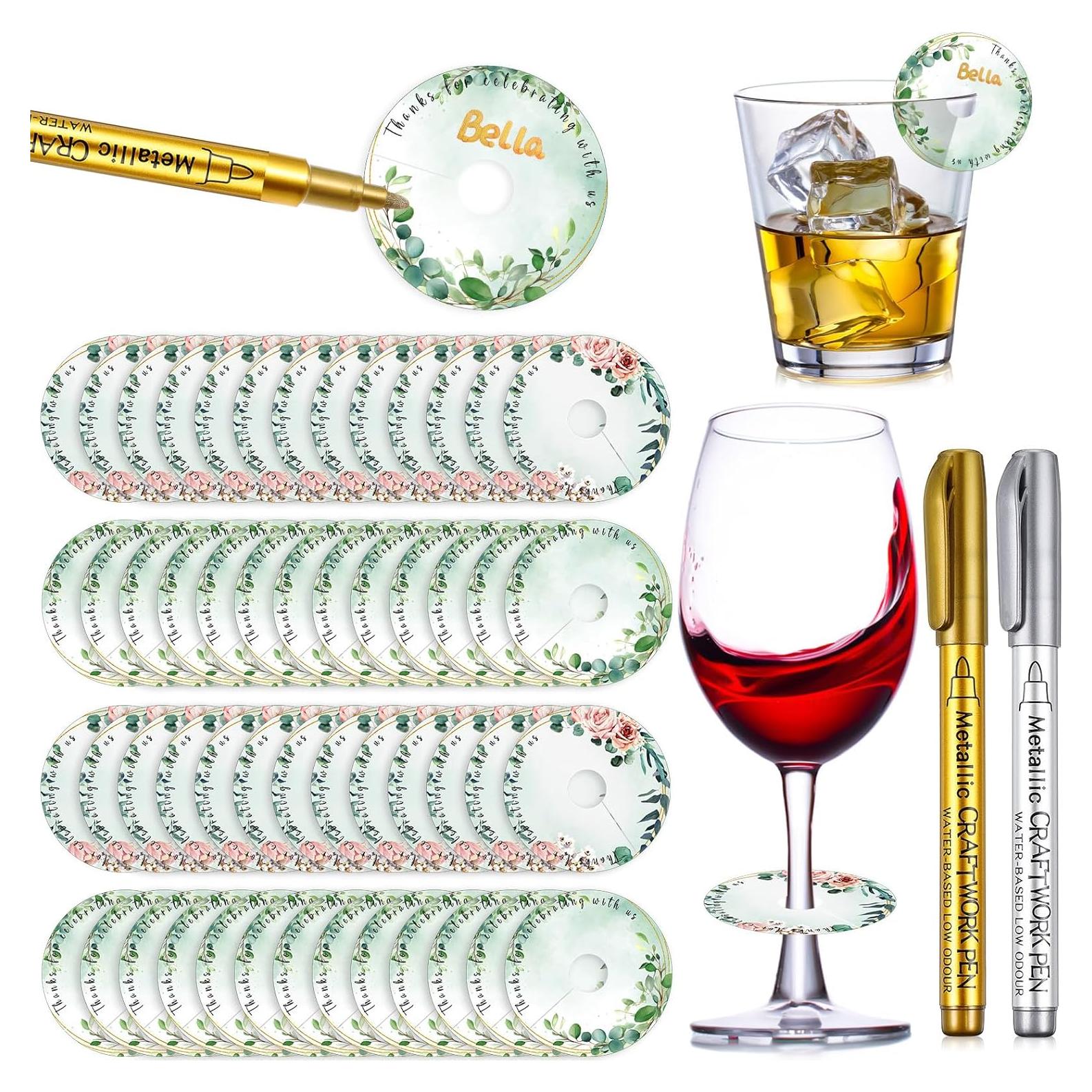 48 Etiquetas para Copas de Vino Desechables con Marcadores