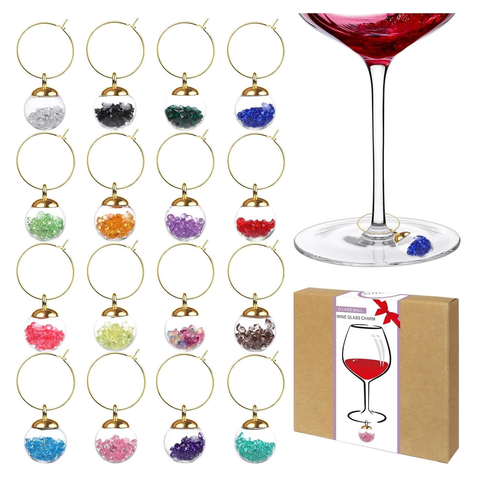 Marcadores de Copas de Vino de Vidrio - 16 Encantos de Joyería