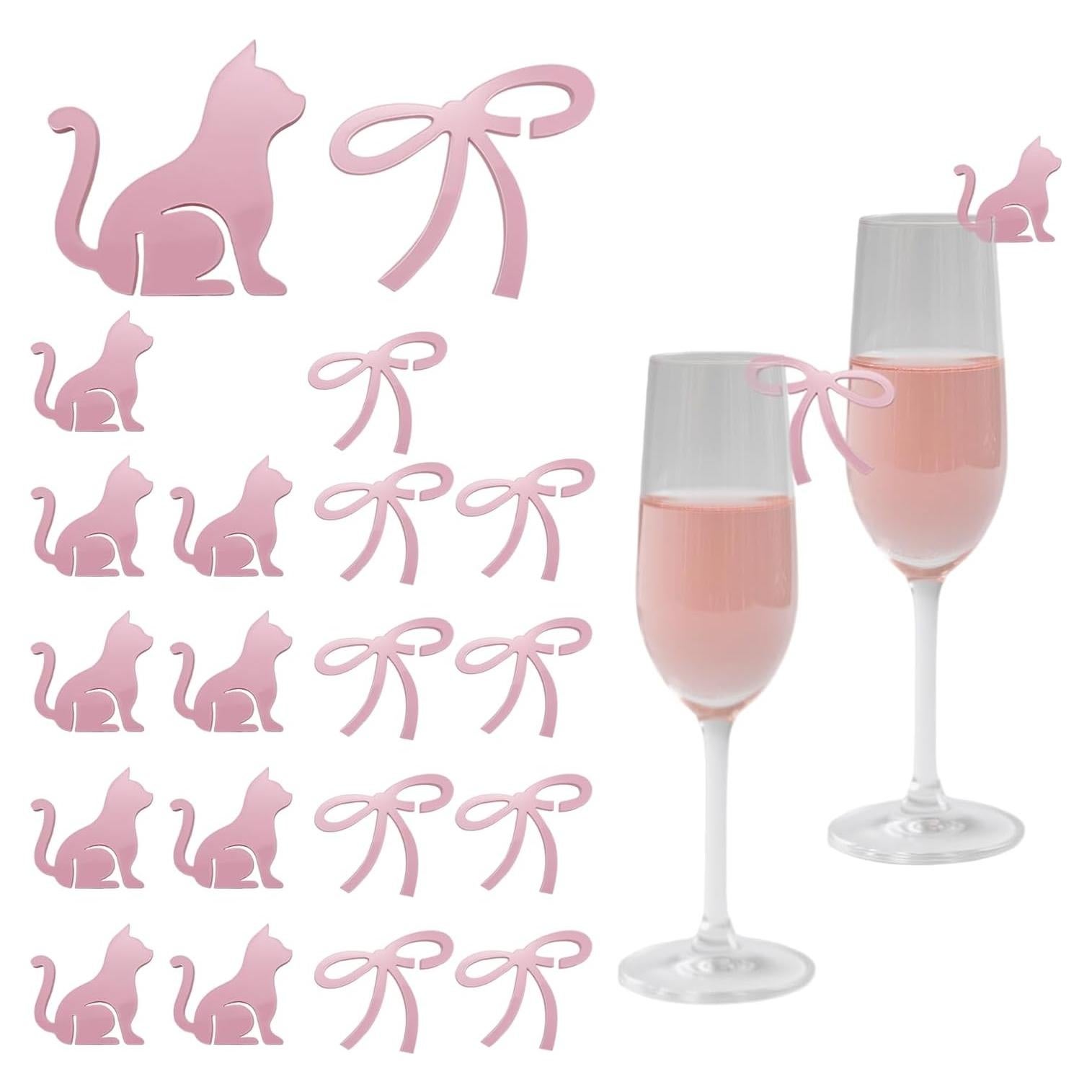 20 Marcadores de Copas de Vino con Lazo Rosa y Gato - Decoración Fiesta