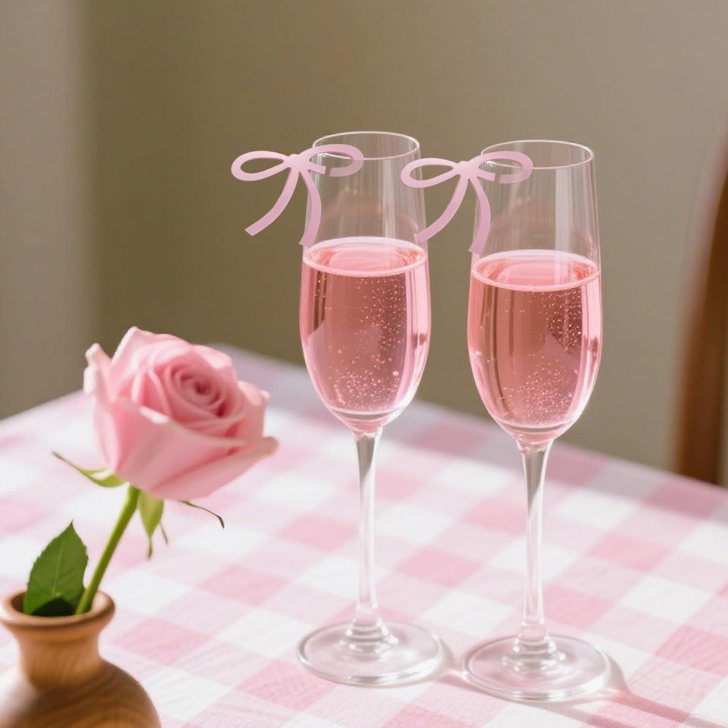 20 Marcadores de Copas de Vino con Lazo Rosa y Gato - Decoración Fiesta