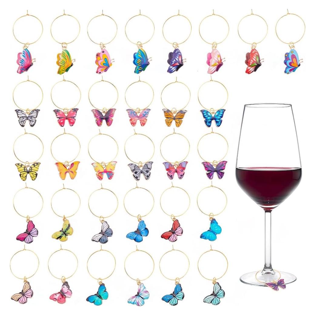 PLIGREAT 32 Encantos Coloridos para Copas de Vino Mariposa