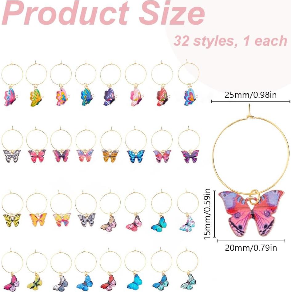 PLIGREAT 32 Encantos Coloridos para Copas de Vino Mariposa