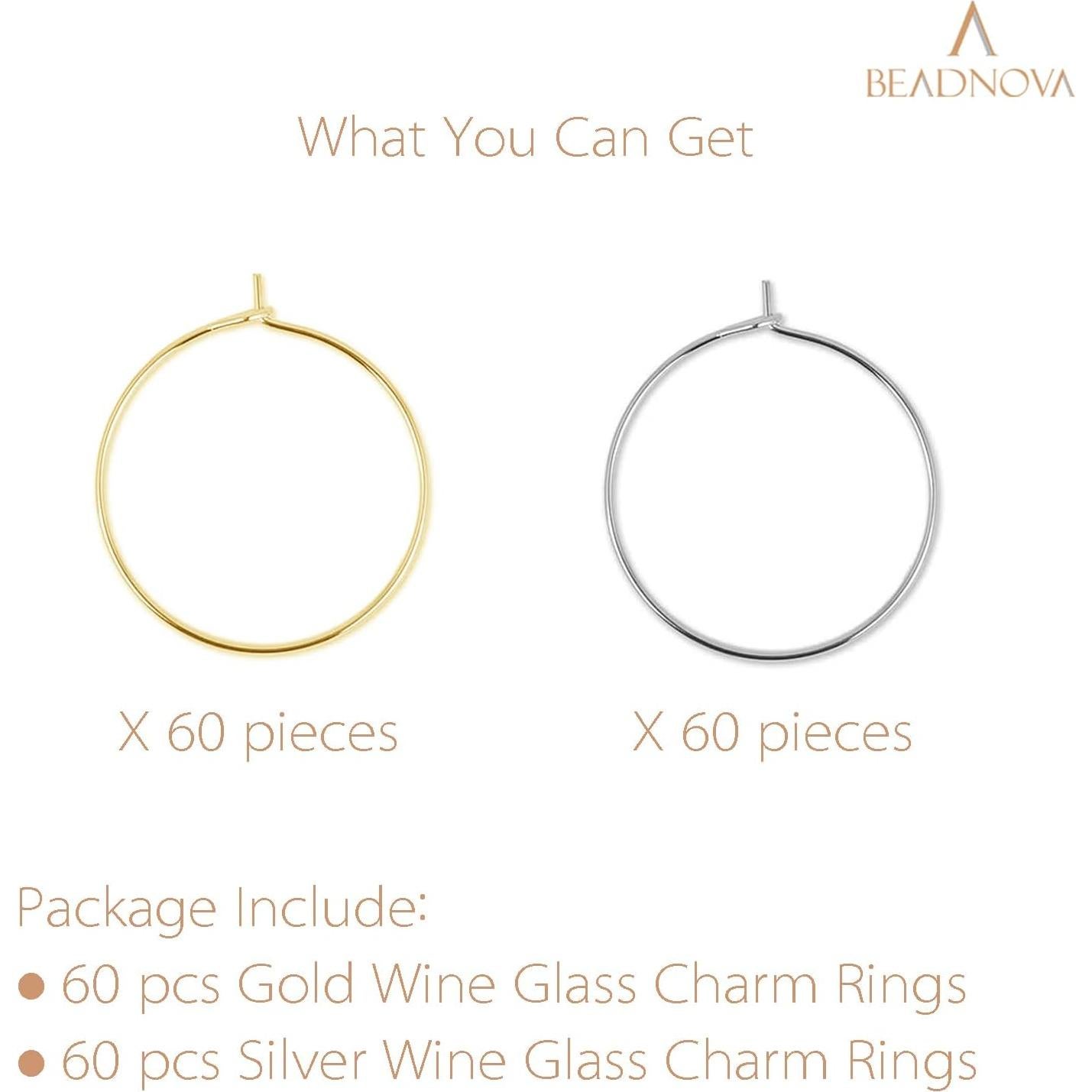 Anillos de Encanto para Copas de Vino BEADNOVA 120pcs Dorados y Plateados 25mm