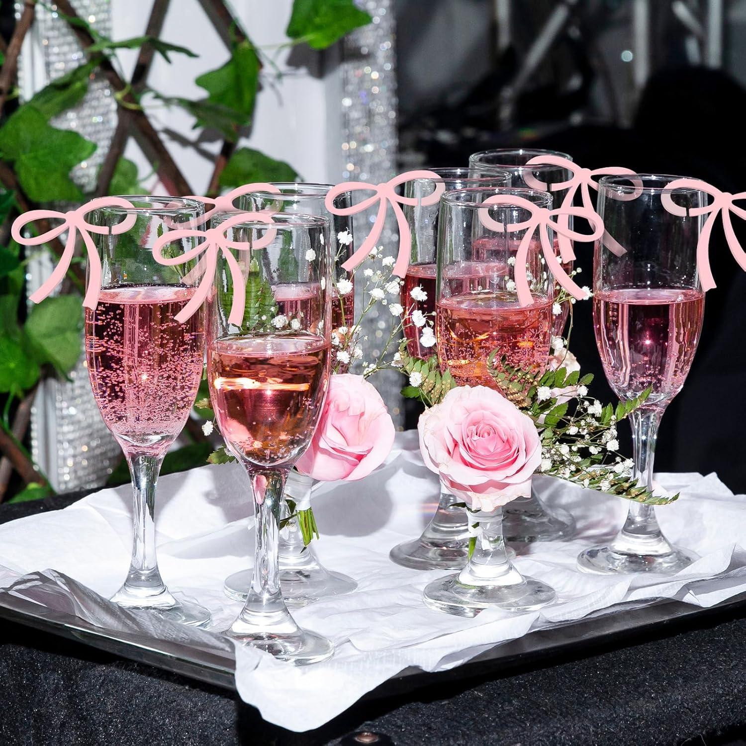 50 Etiquetas de Bebida con Lazos Rosa Acrílicos para Eventos
