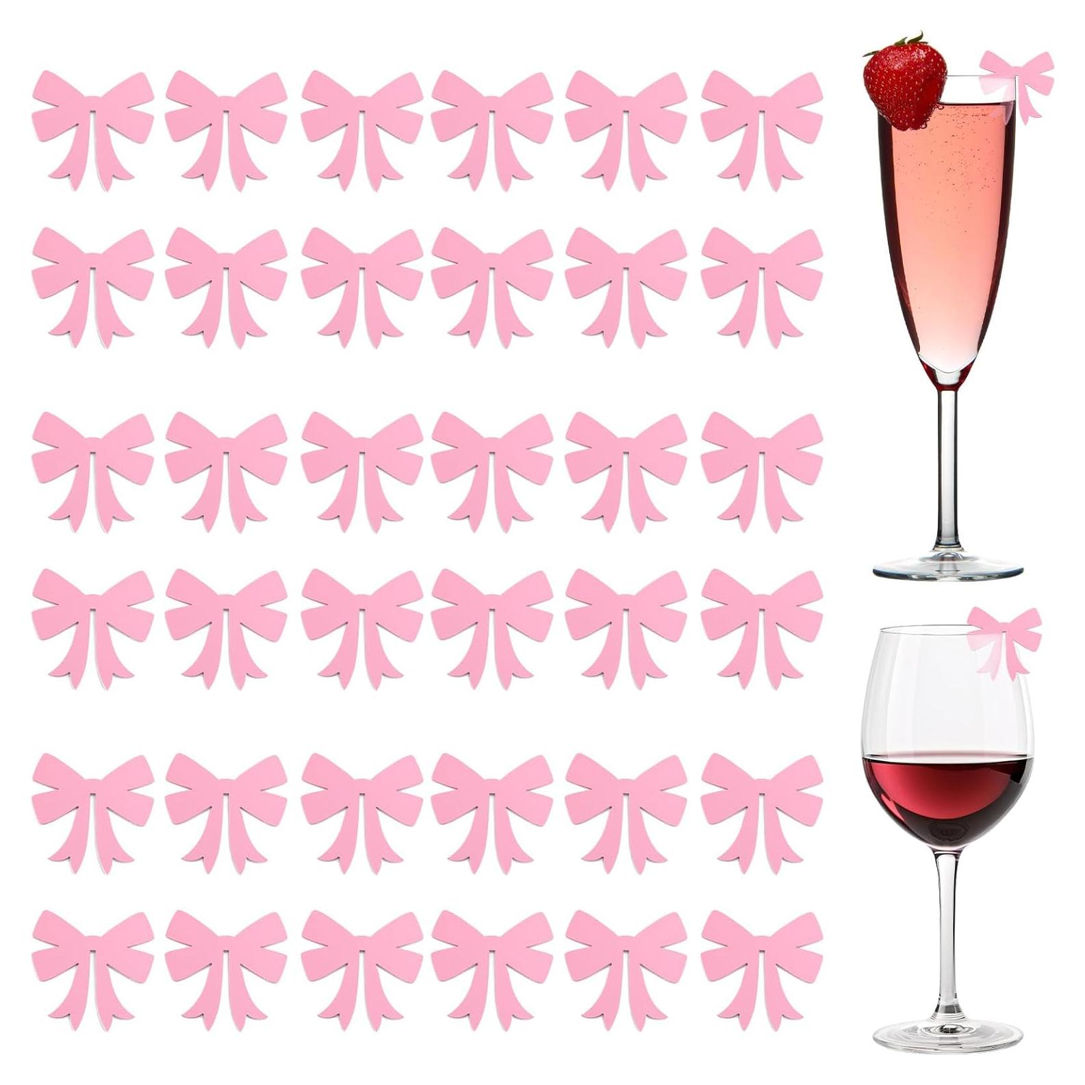 36 Etiquetas de Bebida con Lazos Rosa - Marcadores para Copas de Vino