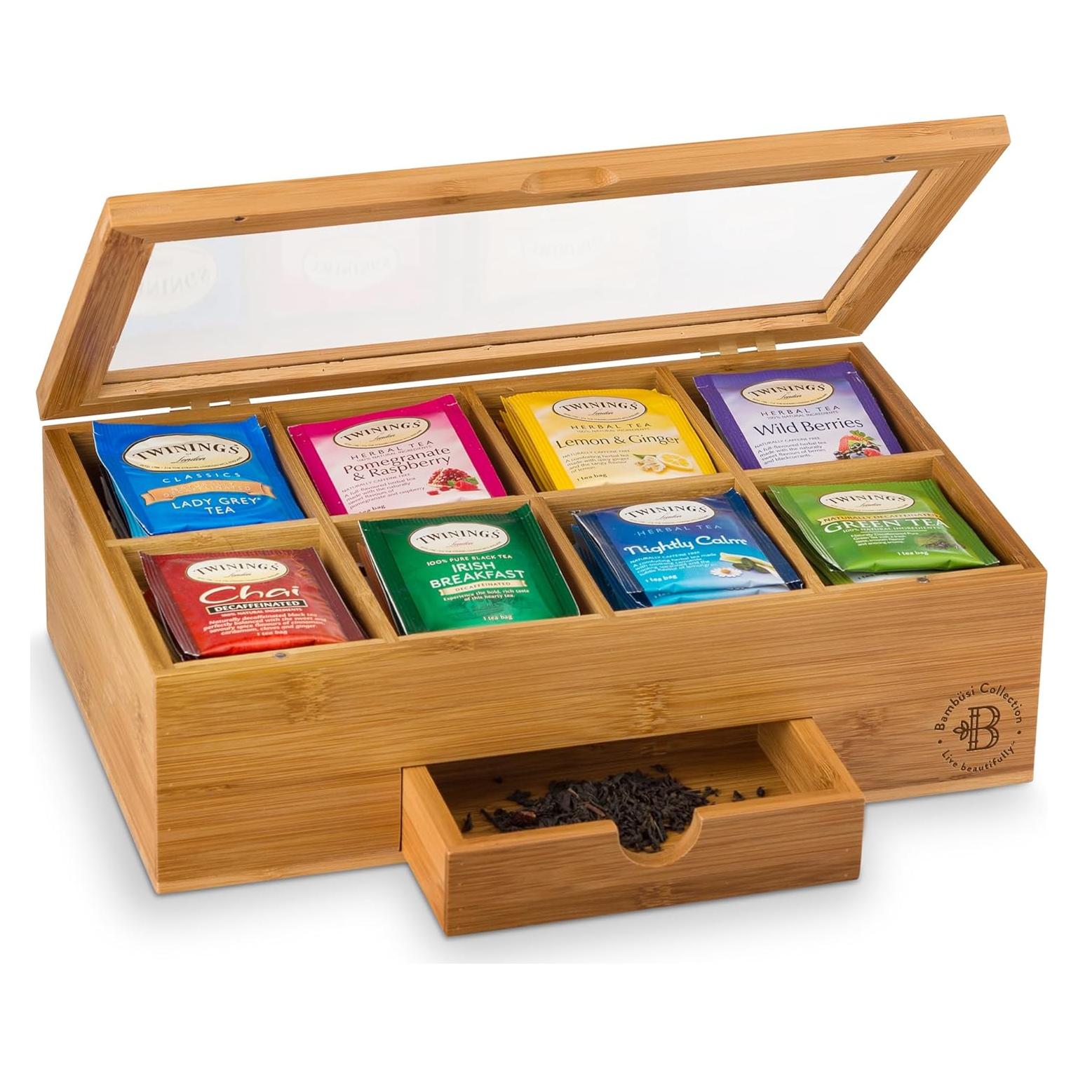 Organizador de Té de Bambú con Cajón y Ventana Acrílica