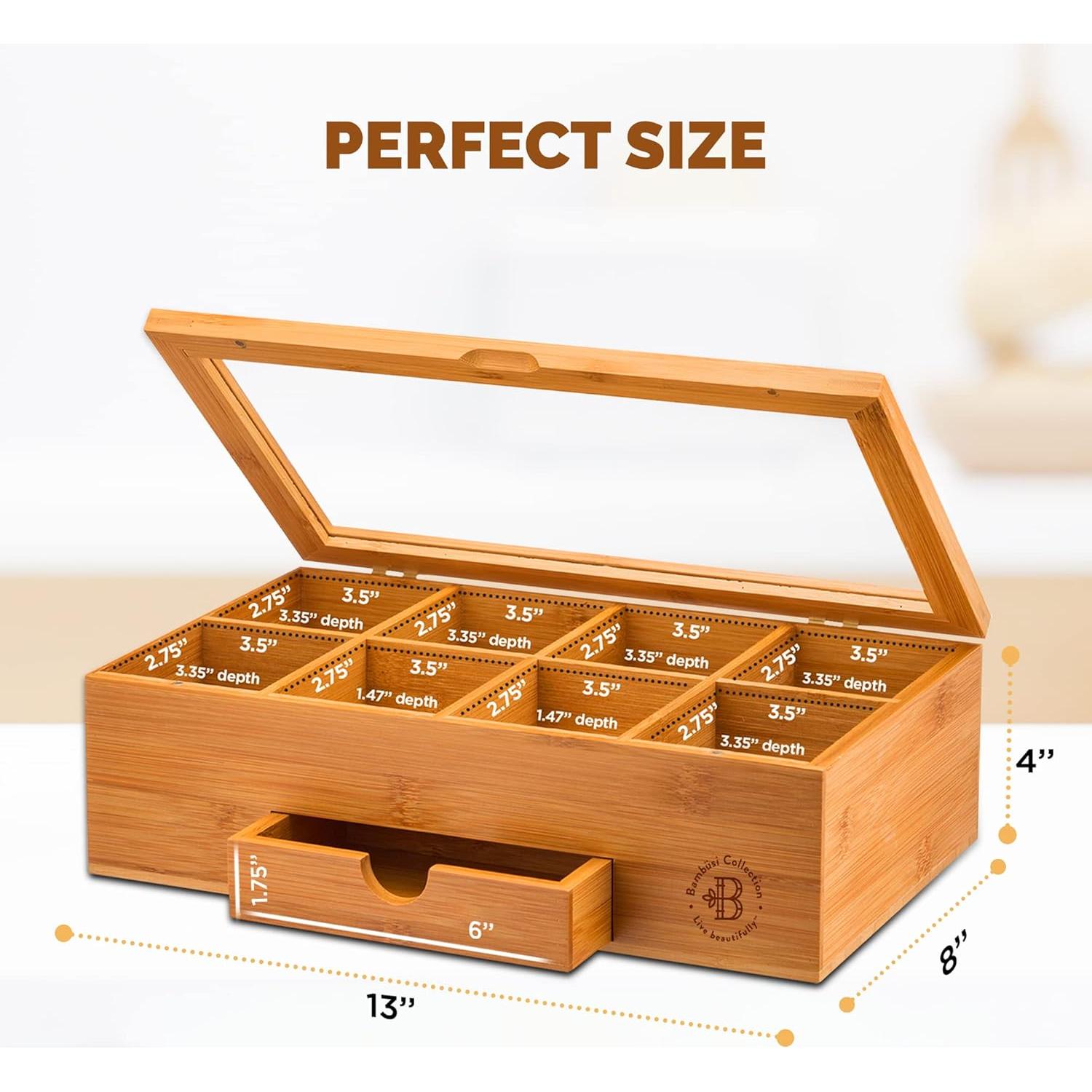 Organizador de Té de Bambú con Cajón y Ventana Acrílica