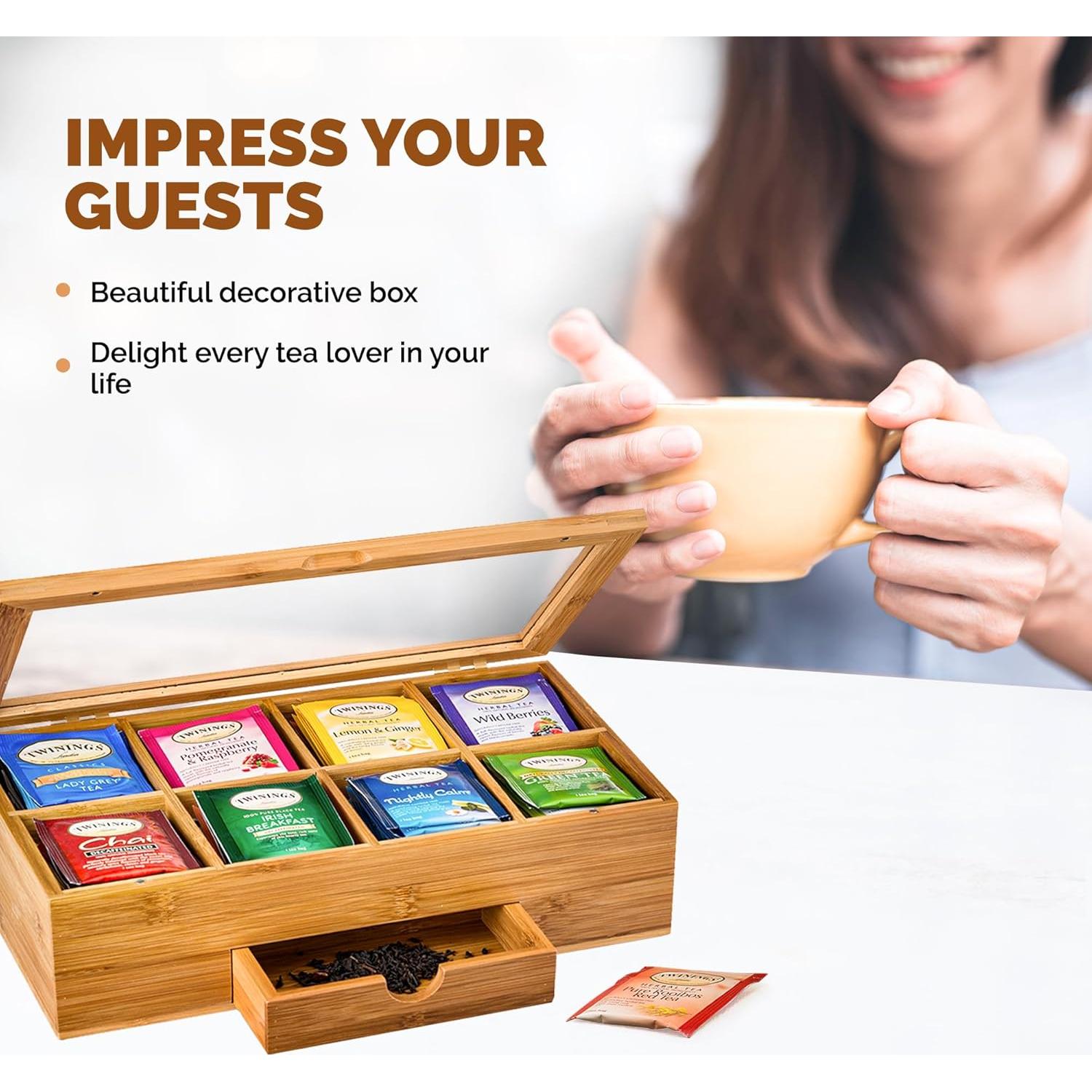 Organizador de Té de Bambú con Cajón y Ventana Acrílica