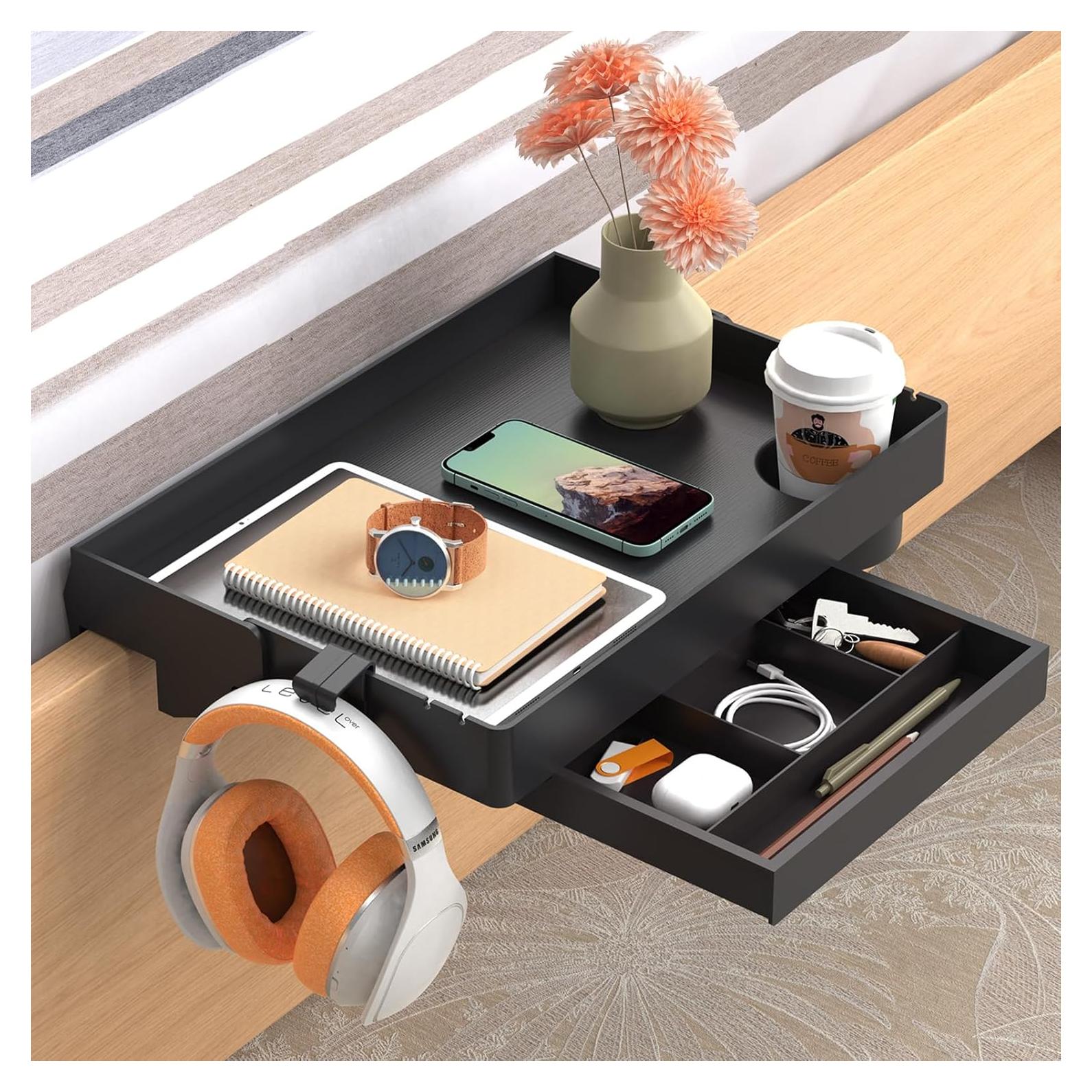 Estante Lateral Spacelead Negro para Cama con Cajón y Porta Vasos