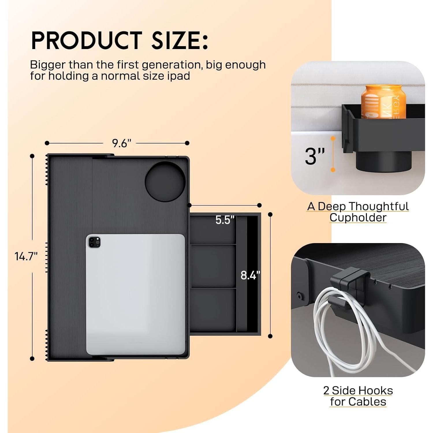 Estante Lateral Spacelead Negro para Cama con Cajón y Porta Vasos