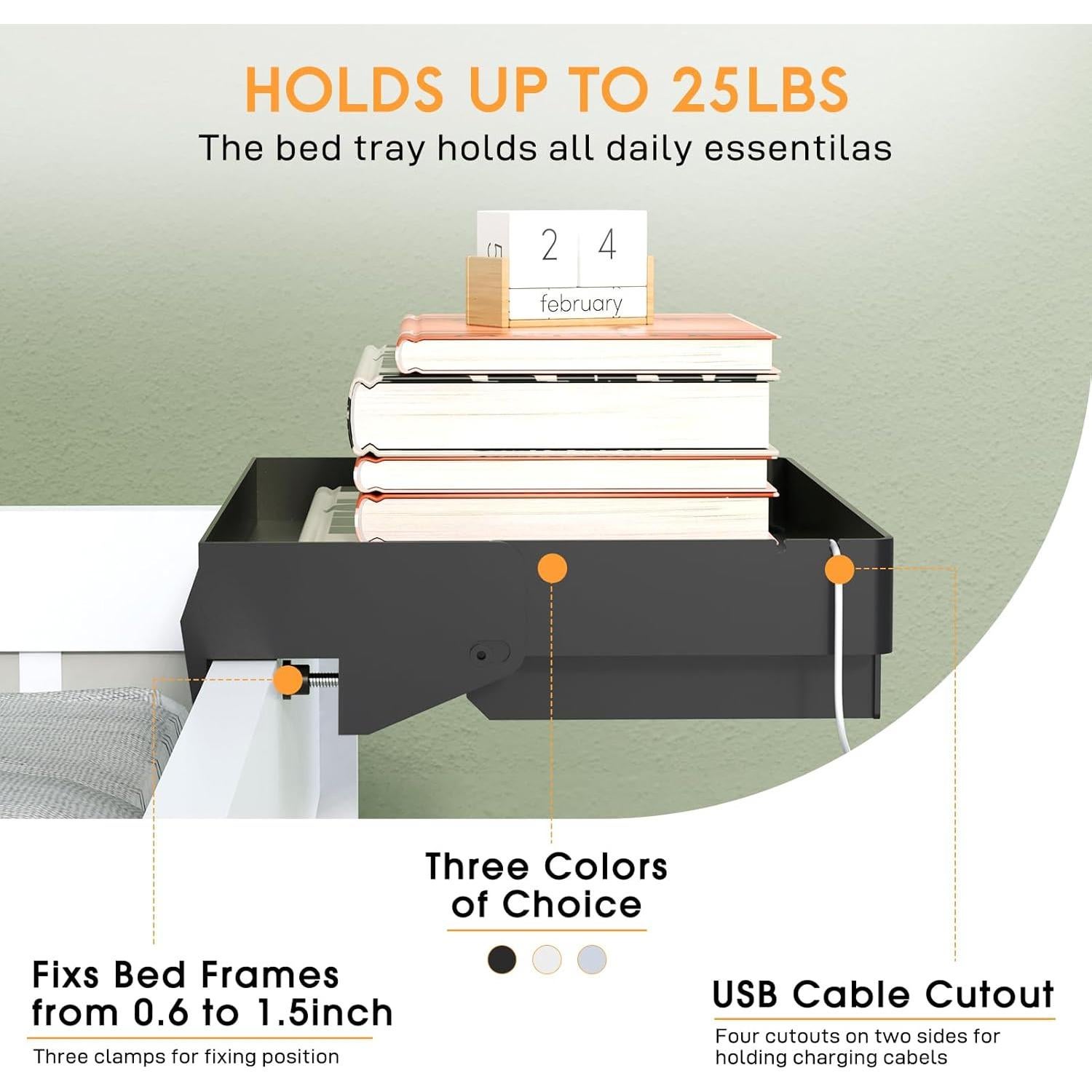 Estante Lateral Spacelead Negro para Cama con Cajón y Porta Vasos