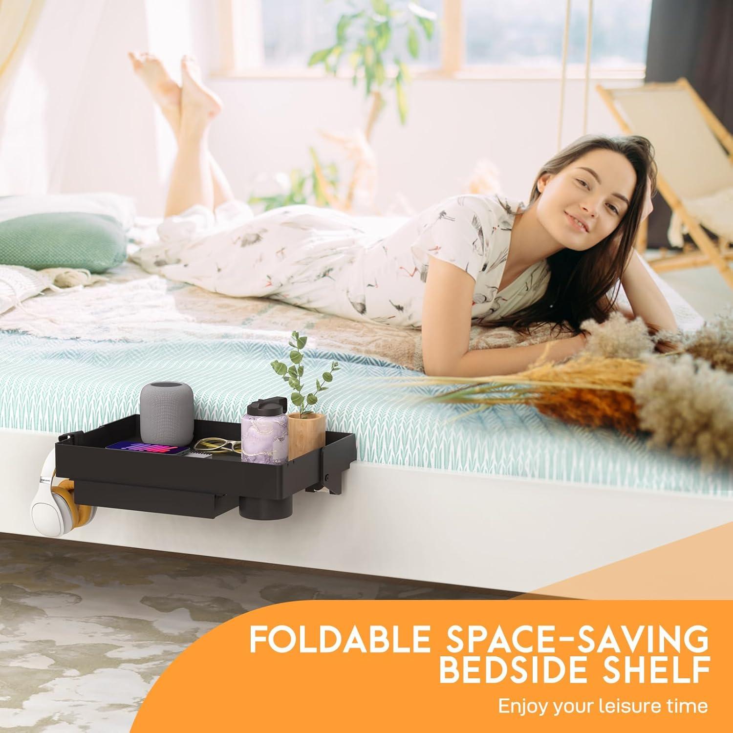 Estante Lateral Spacelead Negro para Cama con Cajón y Porta Vasos