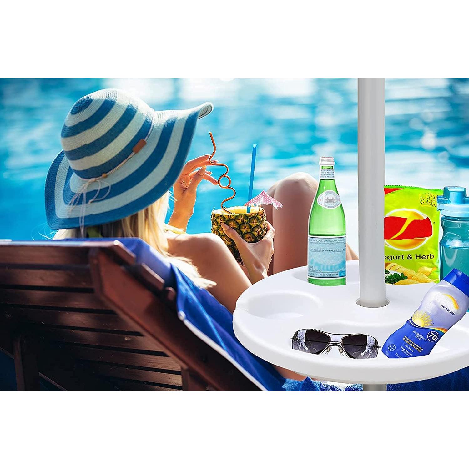Mesa Tray para Sombrilla de Playa AMMSUN 33 cm Blanca con Portavasos