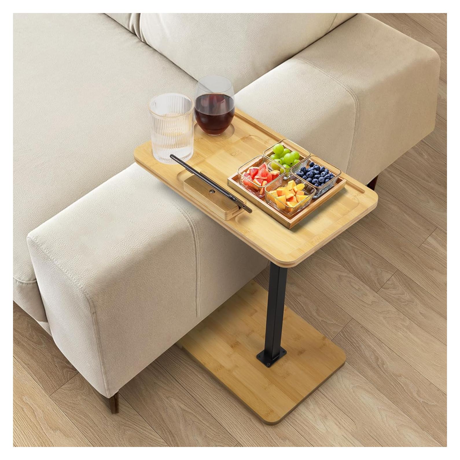 Mesa lateral ajustable LVETOLS de bambú, forma C, 360°