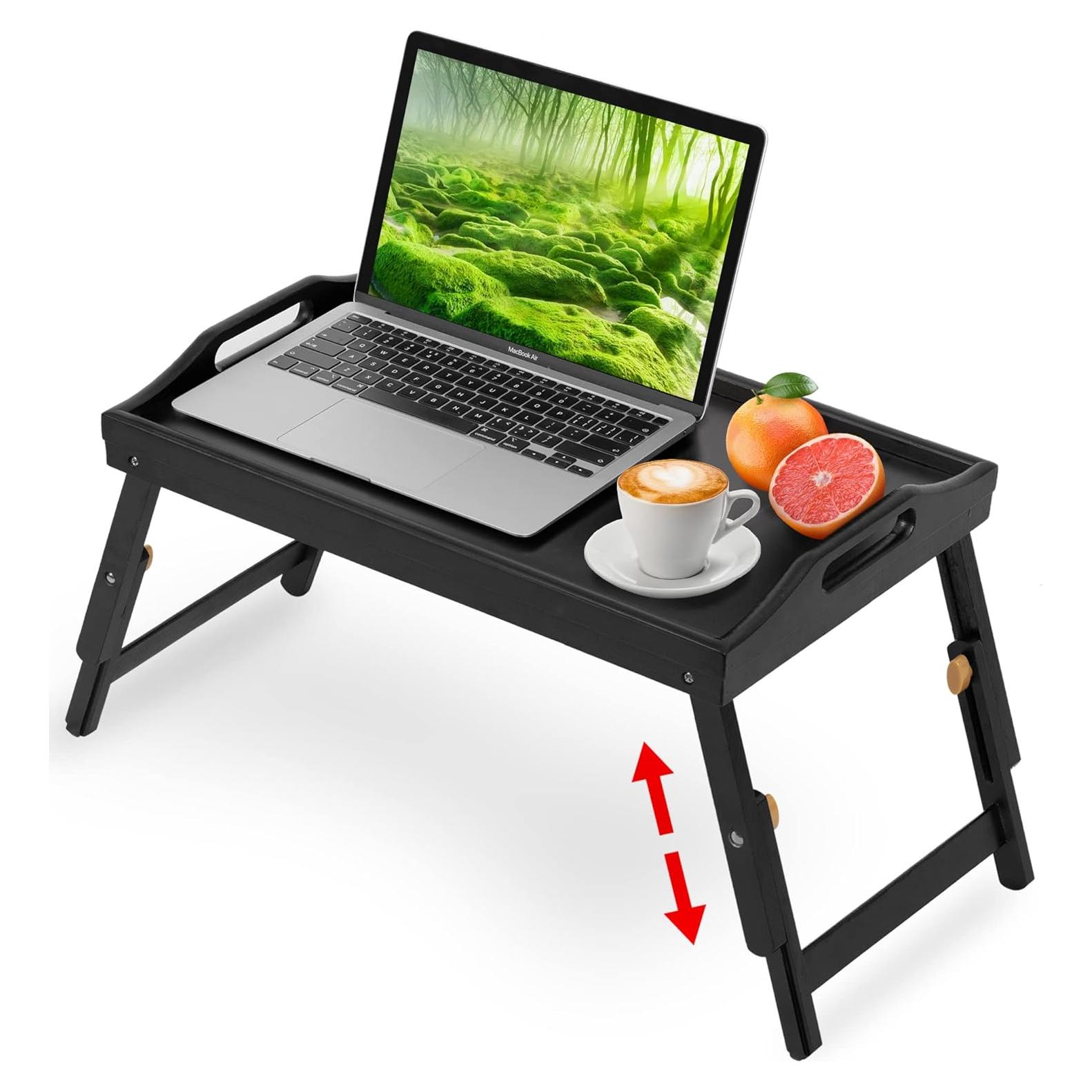 Breakfast Bed Tray for Eating - Height Adjustable Raised Food Table - Bamboo Serving Tray on Lap Sofa - Portable Snack Platter with Folding Legs Ideal for Bedroom, Picnic - Black