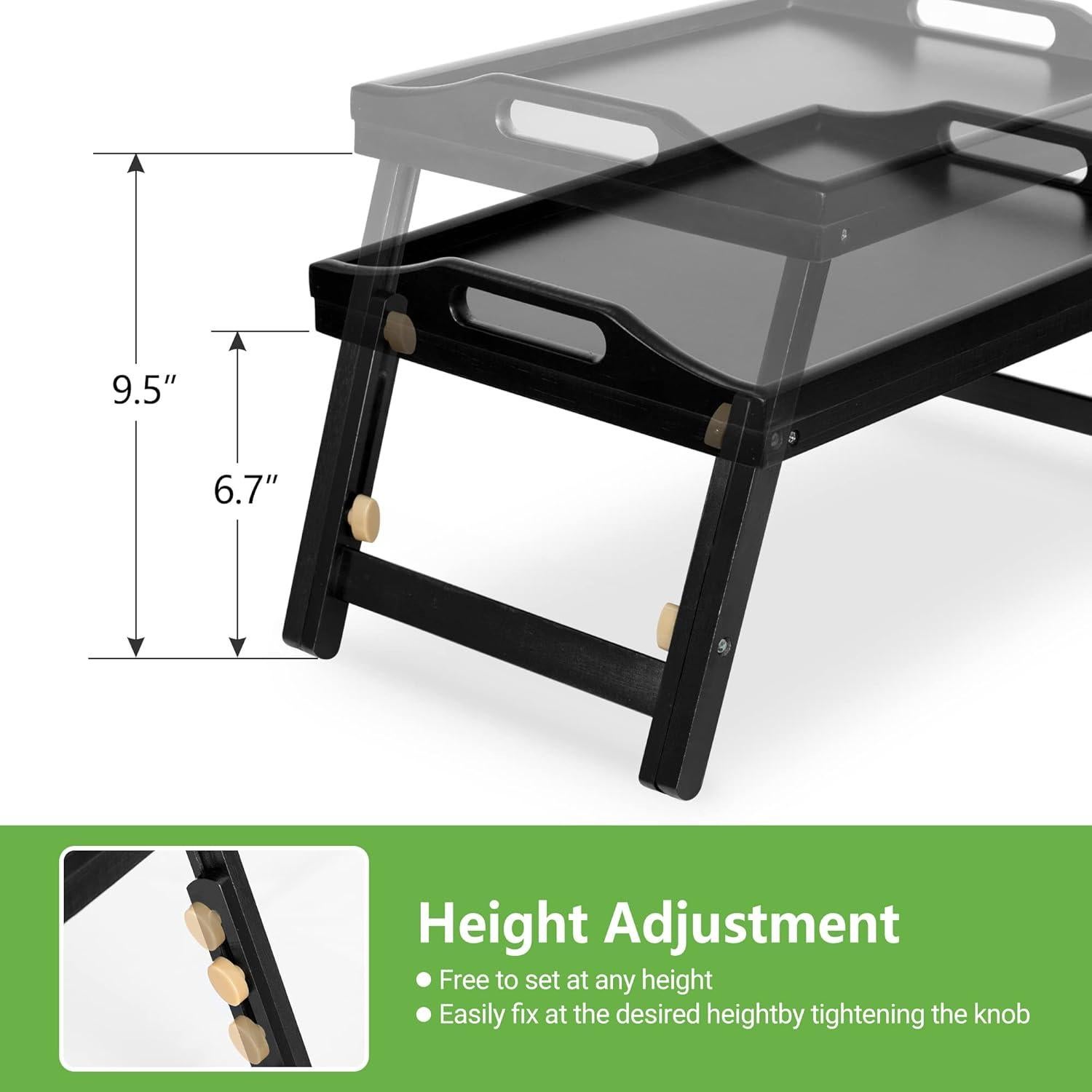 Breakfast Bed Tray for Eating - Height Adjustable Raised Food Table - Bamboo Serving Tray on Lap Sofa - Portable Snack Platter with Folding Legs Ideal for Bedroom, Picnic - Black