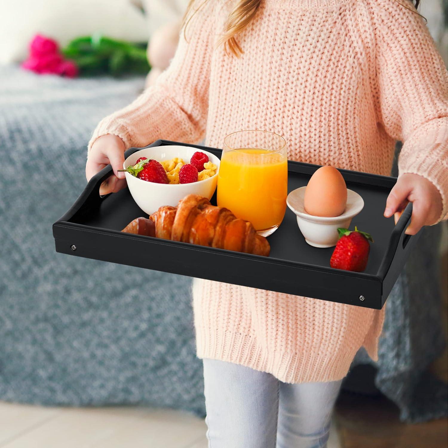 Breakfast Bed Tray for Eating - Height Adjustable Raised Food Table - Bamboo Serving Tray on Lap Sofa - Portable Snack Platter with Folding Legs Ideal for Bedroom, Picnic - Black