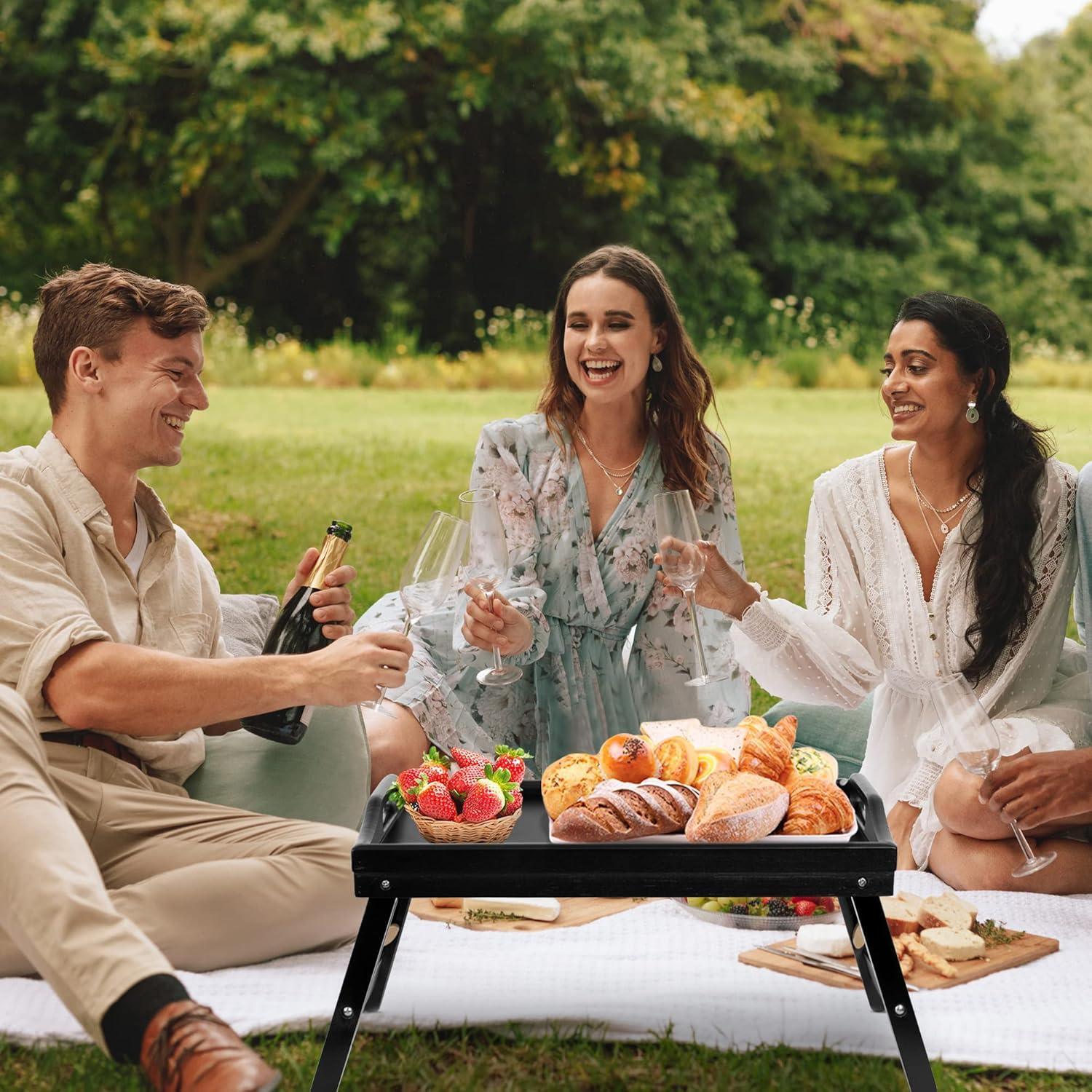 Breakfast Bed Tray for Eating - Height Adjustable Raised Food Table - Bamboo Serving Tray on Lap Sofa - Portable Snack Platter with Folding Legs Ideal for Bedroom, Picnic - Black