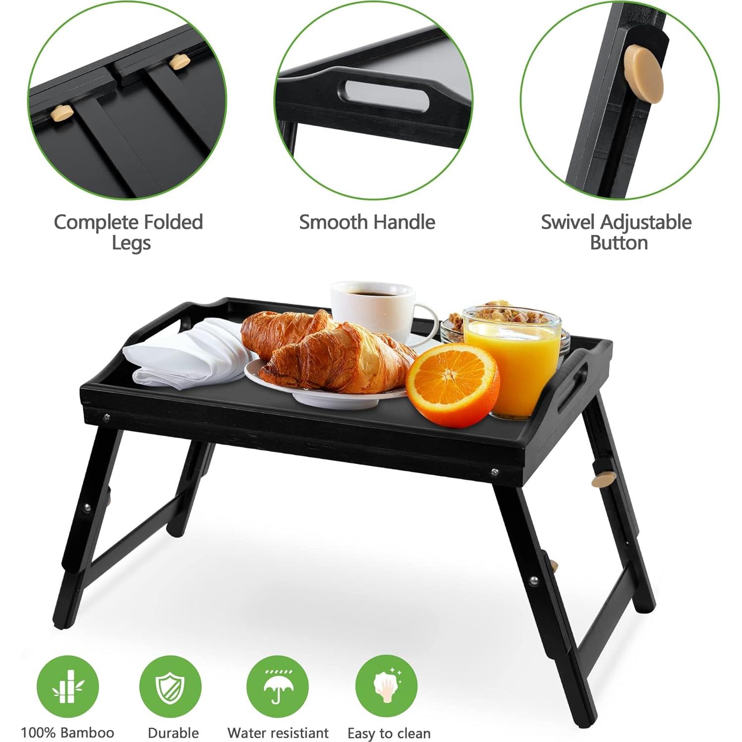 Breakfast Bed Tray for Eating - Height Adjustable Raised Food Table - Bamboo Serving Tray on Lap Sofa - Portable Snack Platter with Folding Legs Ideal for Bedroom, Picnic - Black
