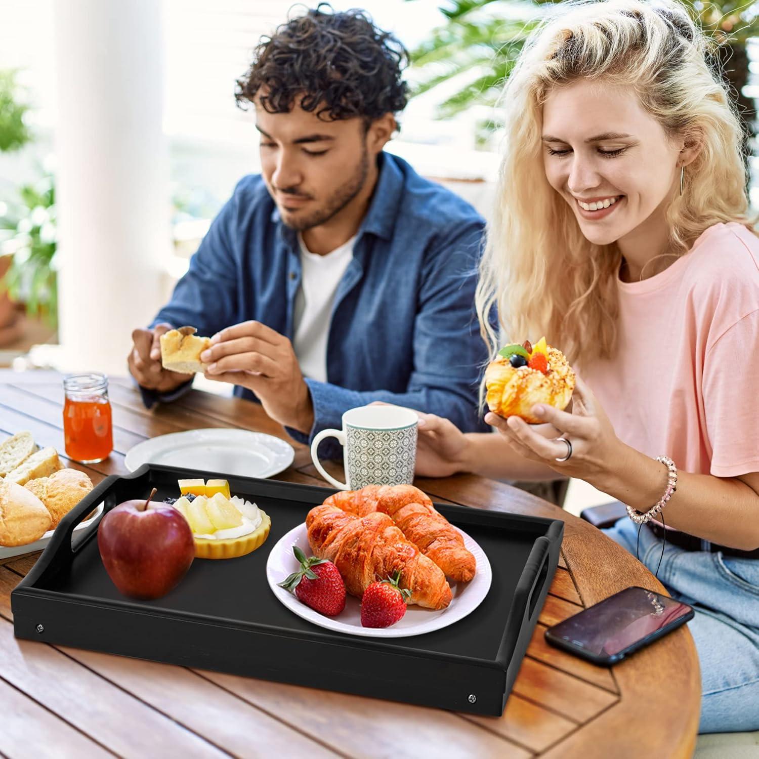 Breakfast Bed Tray for Eating - Height Adjustable Raised Food Table - Bamboo Serving Tray on Lap Sofa - Portable Snack Platter with Folding Legs Ideal for Bedroom, Picnic - Black