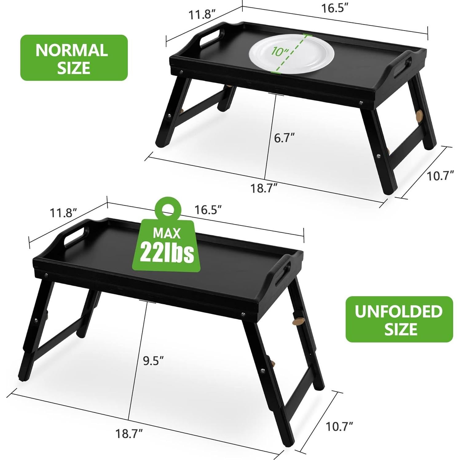 Breakfast Bed Tray for Eating - Height Adjustable Raised Food Table - Bamboo Serving Tray on Lap Sofa - Portable Snack Platter with Folding Legs Ideal for Bedroom, Picnic - Black