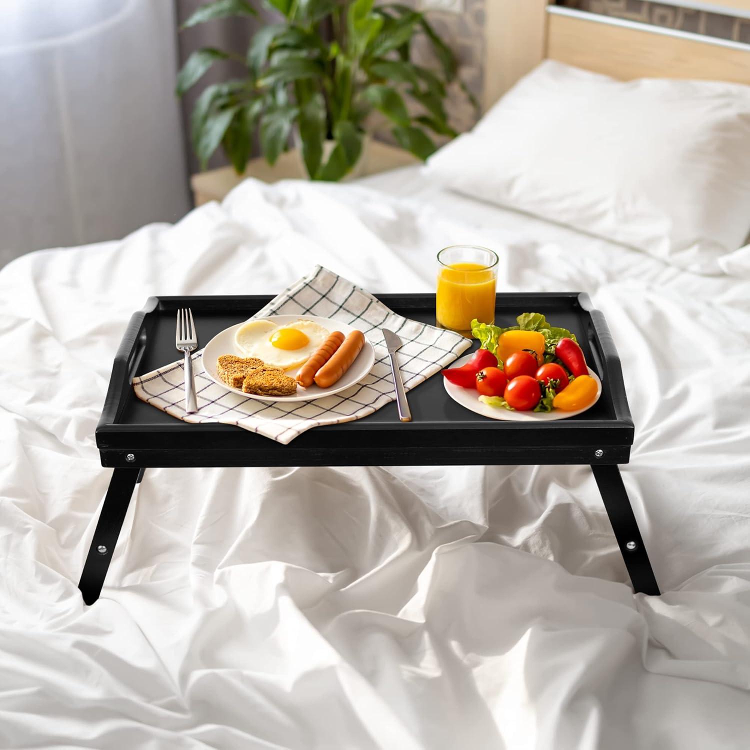 Breakfast Bed Tray for Eating - Height Adjustable Raised Food Table - Bamboo Serving Tray on Lap Sofa - Portable Snack Platter with Folding Legs Ideal for Bedroom, Picnic - Black